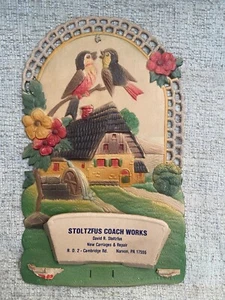 Vintage Karton Stanzform Werbung STOLTZFUS COACH WORKS Narvon PA Vögel Germany - Bild 1 von 6