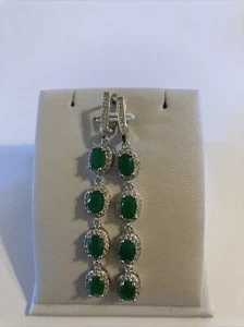 Long Natural Emerald White CZ Halo Oval Drops Leverback Earrings  - Picture 1 of 6