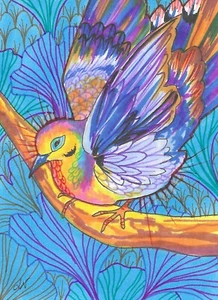 Rainbow Flying Tropical Bird Gingko Leaves Ink Drawing - ACEO Print 1 of 10 - Imagen 1 de 1