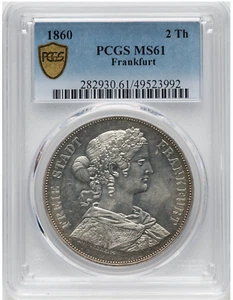 Geringe Auflage! 1860 Deutschland Frankfurt 2 Taler Taler PCGS MS61 UNC - Bild 1 von 2