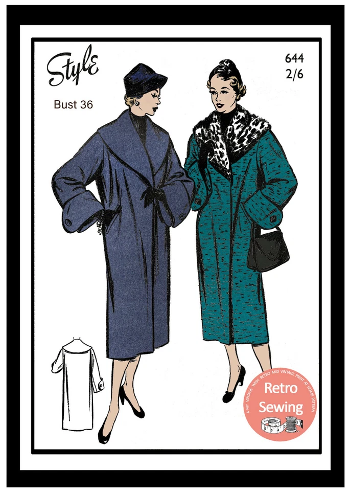 1950's Audrey Style Wrap Coat with Fur Collar Sewing Pattern Bust 36 Style 644 - Image 1 of 1
