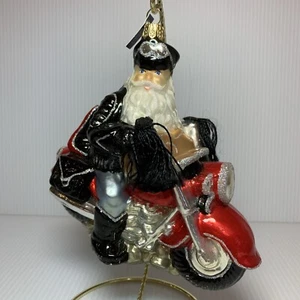 Motorradfahrer Biker Weihnachtsmann mit Quasten ~ Christbaumschmuck aus poliertem Glas - Bild 1 von 15