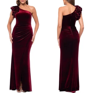 NEW XSCAPE Burgundy VELVET One Shoulder RUFFLE TRIM Ruched EVENING GOWN 6 - Picture 1 of 11