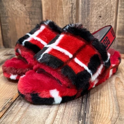 UGG PELUSA YEAH SANDALIA DESLIZANTE MUJER EE. UU. 7 CUADROS PUNK ROJO MULTI HONDA PELUDA Foto 1 de 4