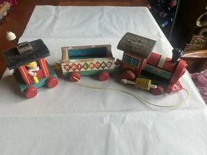 Vtg Fisher Price Huffy Puffy Train 999 Pull Toy Wooden Engine Caboose Cars 3 Pc - Picture 1 of 11