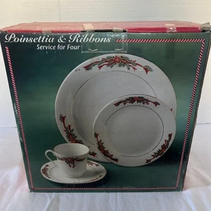Poinsettia & Ribbons Holiday Dinnerware Set Service for 4 Christmas Dishes NOS - Picture 1 of 2