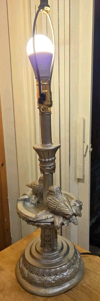Table Lamp Cast Iron? Painted  Silver Two Birds In Bird Bath. 25"T By 10"W - Image 1 of 4
