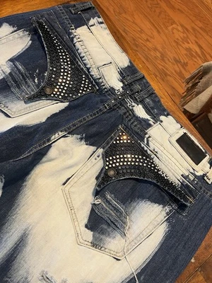 Robin's Jeans Mens Motard Bleach Spotted Distressed Studded Flap 40x32 - Image 1 of 4