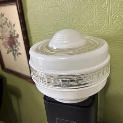 Vtg MCM Atomic 6.5" White & Clear Ribbed Glass Ceiling Light Shade Globe  4" Fit - Image 1 of 4