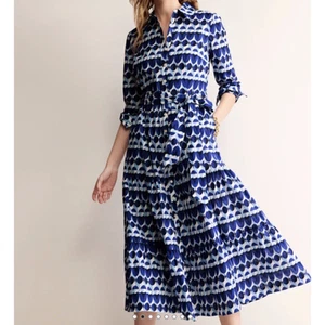 Boden Flo Tiered Midi Shirt Dress Blue Circle Cotton Lined Pockets UK 6P US 2P - Picture 1 of 12