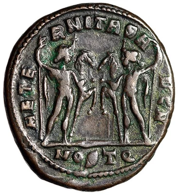 Maxentius Follis "Castor y Pólux, caballos" Ostia muy fina Foto 1 de 4