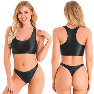 Women Shiny Yoga Sportwear 2 Pcs Glossy U Neck Tank Top with Low Waist G-strings - Picture 1 of 105