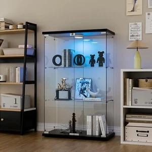 Glass Display Cabinet Black W/LED Light 2 Doors 3 Shelves Storage Case For Curio - Picture 1 of 9
