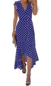 GRECERELLE Womens Faux Wrap V Neck Maxi Dress Royal Blue Polka Dot Size MED NWT - Picture 1 of 8