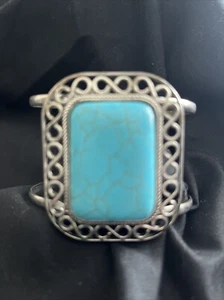 Faux Turquoise Cabochon Wide Statement Silver Tone Cuff Bracelet - Picture 1 of 5