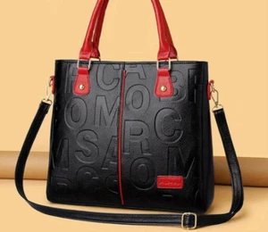 LETTER Embossed Handbag-Trendy Faux Leather Shoulder Bag-Double Handle Purse Red - Picture 1 of 6