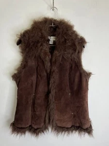 Vintage 00s Brown Shearling Leather Vest Like A Little Faux Fur Boho Style - Picture 1 of 8