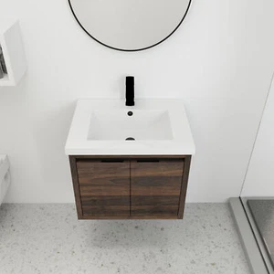 Gabinete de tocador de baño flotante de 24" montado en pared con fregadero para nogal espacio pequeño - Imagen 1 de 9