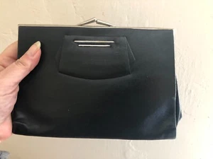 Antique French Black Leather Art Deco 20s Purse Clutch Bag w/ Mirror Wallet - Picture 1 of 8