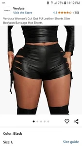 VERDUSA Sz. Medium. Women’s Short Shorts. Faux Black Leather. Side Bows. Elastic - Picture 1 of 6