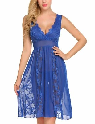 Womens Sexy Nightgown Dress Thong Babydoll Lingerie Sheer Lace Chemise Nighty US - Image 1 of 4