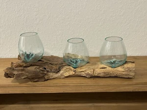 HANDMADE TRIPLE GLASS BOWL ON WOOD BASE - Picture 1 of 4