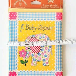 Vintage Baby Shower Invitations Floral Elephant Gingham Border 8 Cards 8 envel - Picture 1 of 3