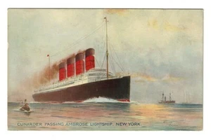 Antike Postkarte Cunarder vorbei am Brose Leuchtschiff New York Ozeandampfer - Bild 1 von 2