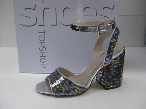 Sandalias de lentejuelas 5 tacones altos años 70 Reaction Block brillante DISCO RAINBOW TOPSHOP - Imagen 1 de 12