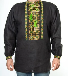 VYSHYVANKA Mens Ukrainian hand cross-stitch Embroidery LINEN Black yellow size L - Picture 1 of 8