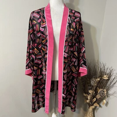 Cárdigan Bob Mackie Usable Art Mujeres 100% Seda Kimono Rosa Negro Bohemio 1X Foto 1 de 4