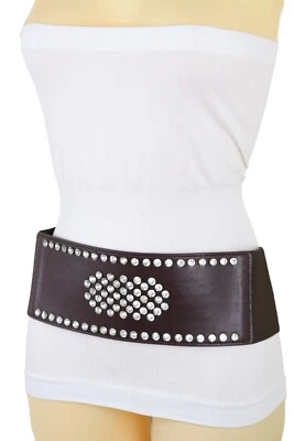 Women Dark Brown Color Elastic Wide Belt Hip Waist Silver Bling Shield Fit M L - Image 1 of 4