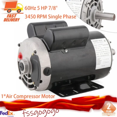 5 HP 60Hz 7/8" 3450 RPM Single Phase Shaft Air Compressor Duty Electric Motor  - Image 1 of 4