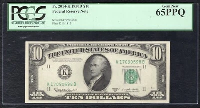 FR 2014-K 1950-D $10 FRN FEDERAL RESERVE NOTE DALLAS, TX PCGS GEM UNC-65PPQ - Image 1 of 2