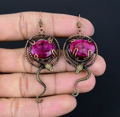 Ювелирные изделия серьги ручной работы из медной проволоки с рубином созданные в лаборатории - Изображение 1 из 4
