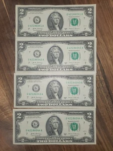 2017 A Crispy $2 Two Dollar Bills Sequential Notes Lot of 4 - Picture 1 of 6