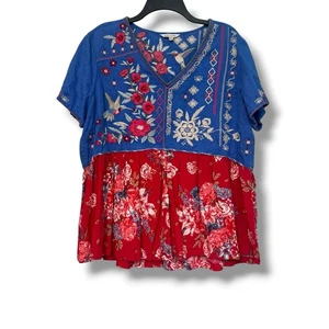 John Mark besticktes Shirt Damen XL rot Boho Tunika Oberteil Blumen künstlerisch - Bild 1 von 10