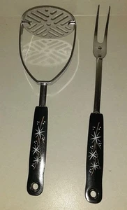 Vintage EKCO Black Atomic Starburst Fork & Potato Masher Set Of 2 MCM Retro USA - Picture 1 of 11