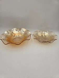 Set Of 2 Carnival Glass Serving Bowls Jeanette Iris Herringbone Marigold - Picture 1 of 17