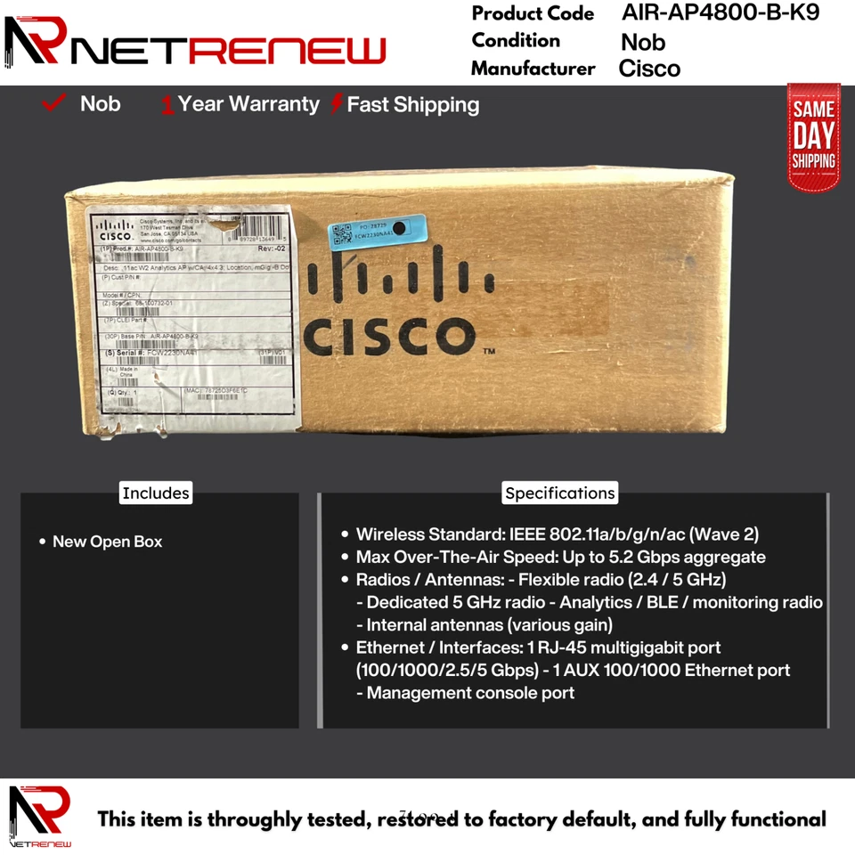 NOB Cisco AIR-AP4800-B-K9 4800 Series Wireless Access Point - Image 1 of 1