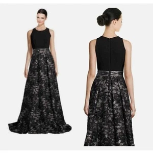 Carmen Marc Valvo Beaded Floral Jacquard Gown Black Gray Silver Sleeveless Sz 6 - Picture 1 of 12
