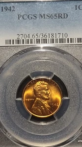 Lincoln Wheat Cent 1942 graduación profesional MS-65 RD - Imagen 1 de 3
