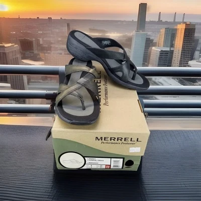 ✅Merrell Reloj de Sol Cruz Mujer 8 Negro Cuero Chanclas Sandalias DESCOLORIDO Foto 1 de 4