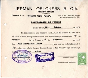 CHILE, DOCUMENTO SELLO FISCAL, VAPOR "LEON" AÑO 1943    #AGOS-056 - Picture 1 of 1