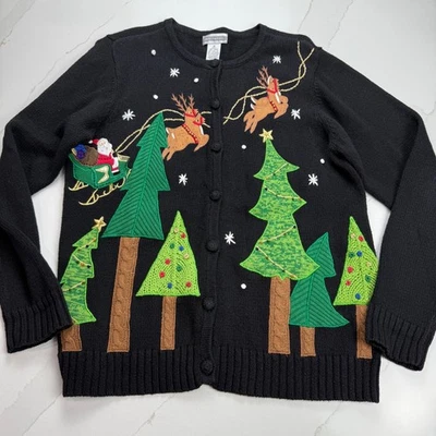 Investments Christmas Cardigan Sweater Womens Medium Black with Felt Appliqué - Image 1 of 4