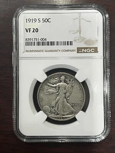1919-S Walking Liberty 50c Silver Half Dollar NGC VF 20 - Picture 1 of 4