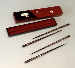 Vintage Unused Chinese Set 2 Chopsticks Wooden Lacquer Box Mother Pearl Inlay - Picture 1 of 12