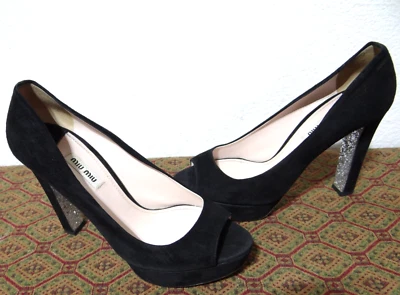MIU MIU PRADA Black Suede Leather Peep Toe Platform Pumps Glitter Sole Size 38.5 - Image 1 of 4