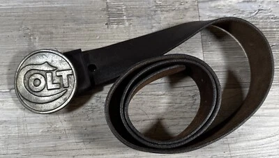 Vintage Colt Belt Buckle Brass Round With Leather Belt Western Cowboy - Image 1 of 4