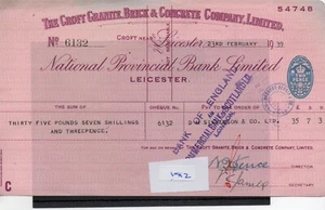 Cheque - (CH1912) - usado - 1938/39 Banco Provincial Nacional, Leicester - Imagen 1 de 1